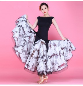 Black top with white floral skirted  patchwork  sleeveless long length one piece women's ladies female competition performance ballroom tango waltz flamenco dancing dresses outfits
